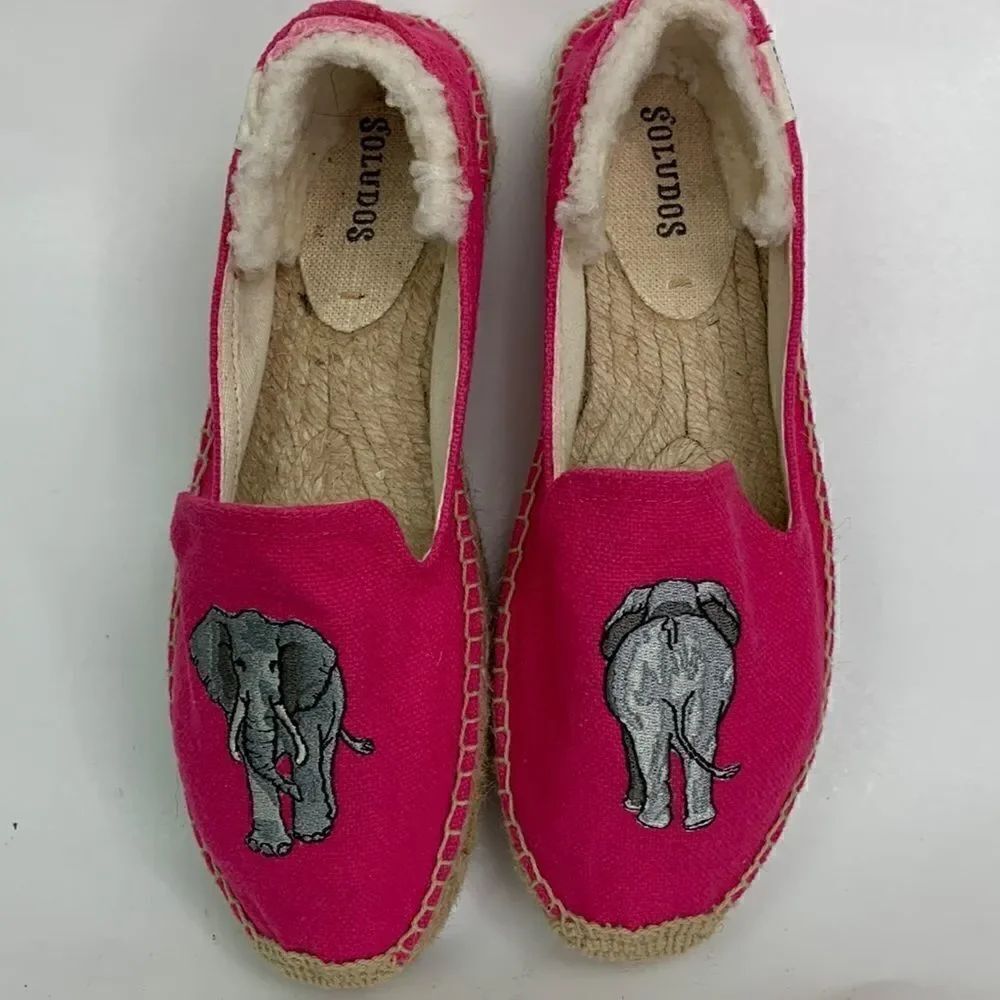 Soludos pink canvas embroidered elephant platform espadrilles